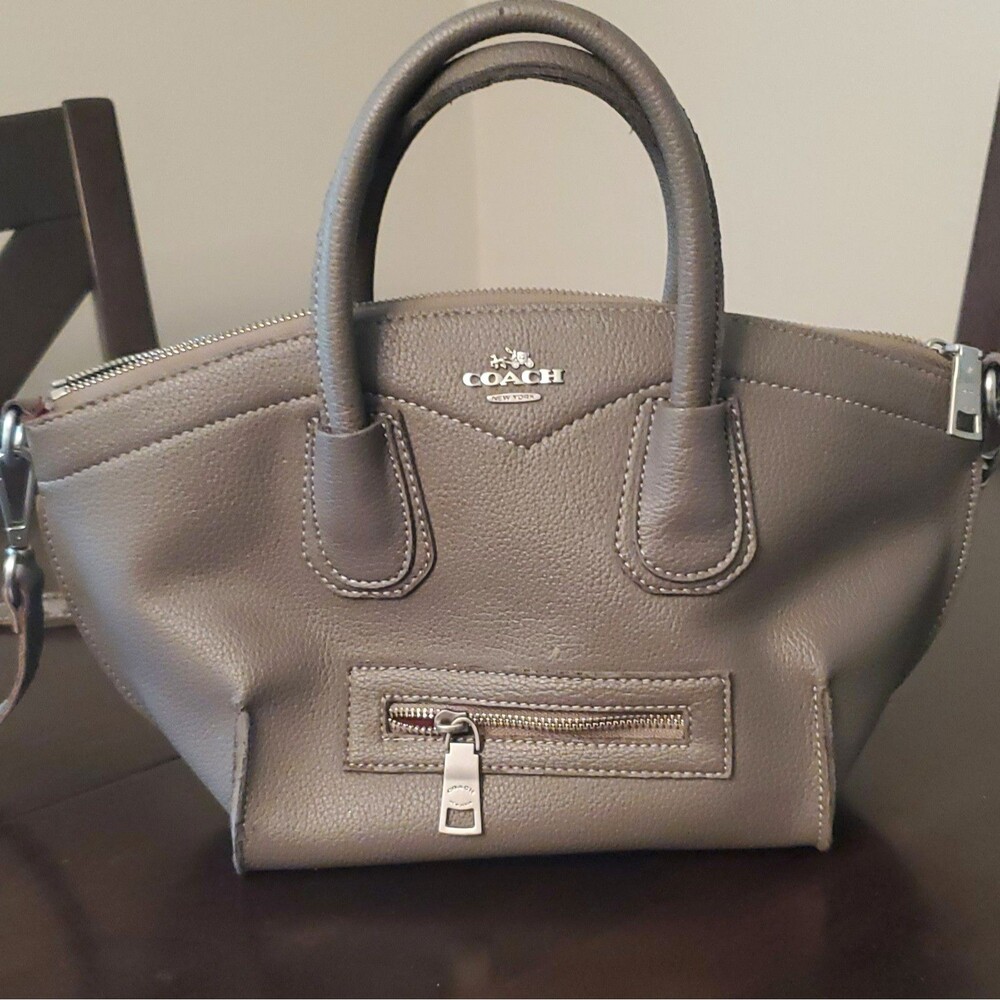 Coach Gray Pebbled Satchel Top Handle Zip Bag, Detachable Adjustable Strap